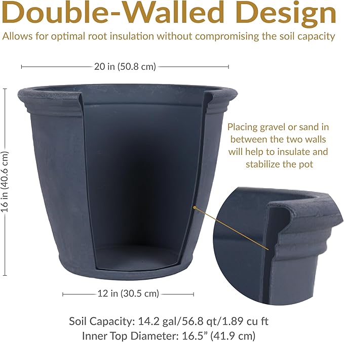 Sunnydaze 20-Inch Anjelica Large Plastic Pot for Plants - Double-Walled Outdoor Polyresin Round Planter Porch Pot with Drillable Drainage Holes - Slate