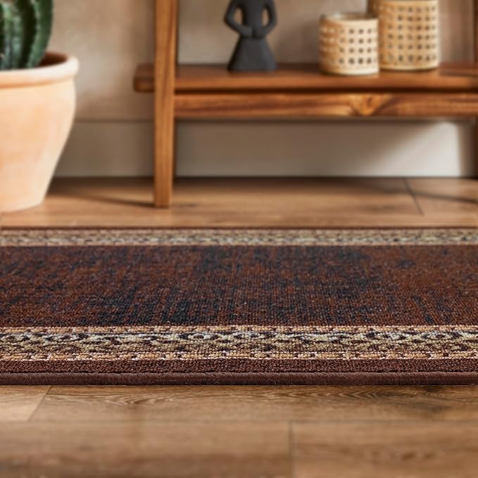 Antep Rugs Alfombras Bordered Modern 2x10 Non-Slip (Non-Skid) Low Pile Rubber Backing Indoor Area Runner Rug (Brown, 2' x 10')