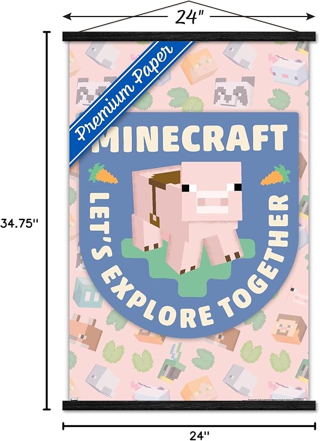 Trends International Minecraft - Let's Explore Together Wall Poster with Magnetic Frame, 34L x 22.4W, Premium Print and Black Hanger Bundle
