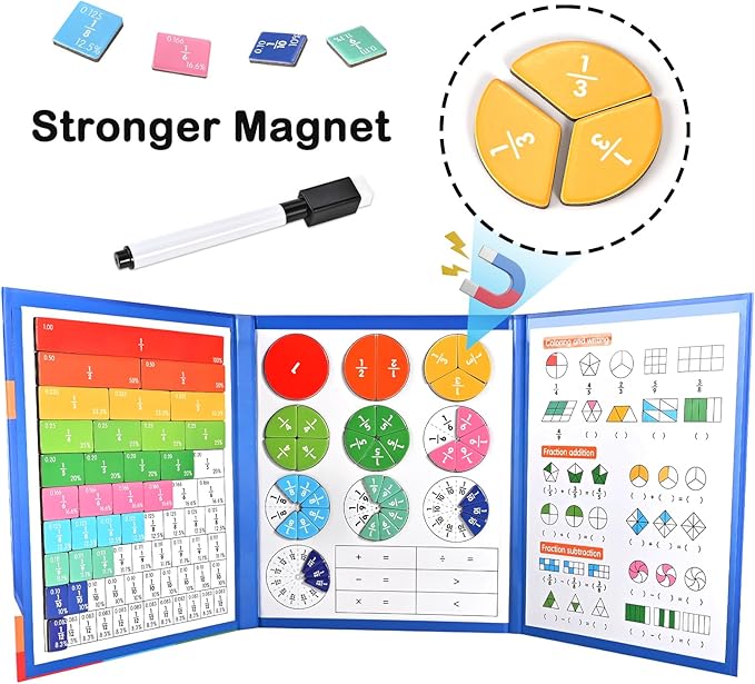 Magnetic Fraction Demonstration Book with Magnetic Fraction Tiles & Circles, Hands-On Fraction Manipulatives for Kids, Visual Math Learning Set for Classroom, Homeschool & Early Math Practice