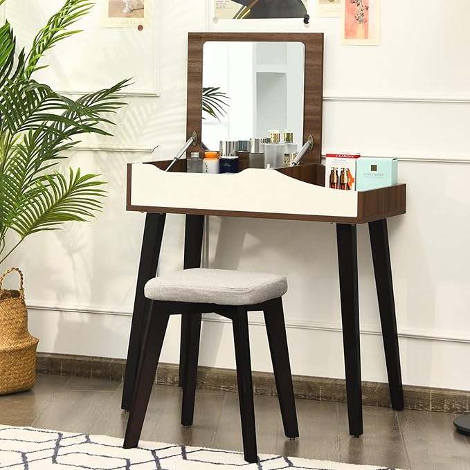 CHARMAID Vanity Desk with Flip Top Mirror, Storage Compartments, Removable Dividers, Bedroom Makeup Dressing Table, Wooden Vanity Set Writing Desk with Stool for Kids Girls Women