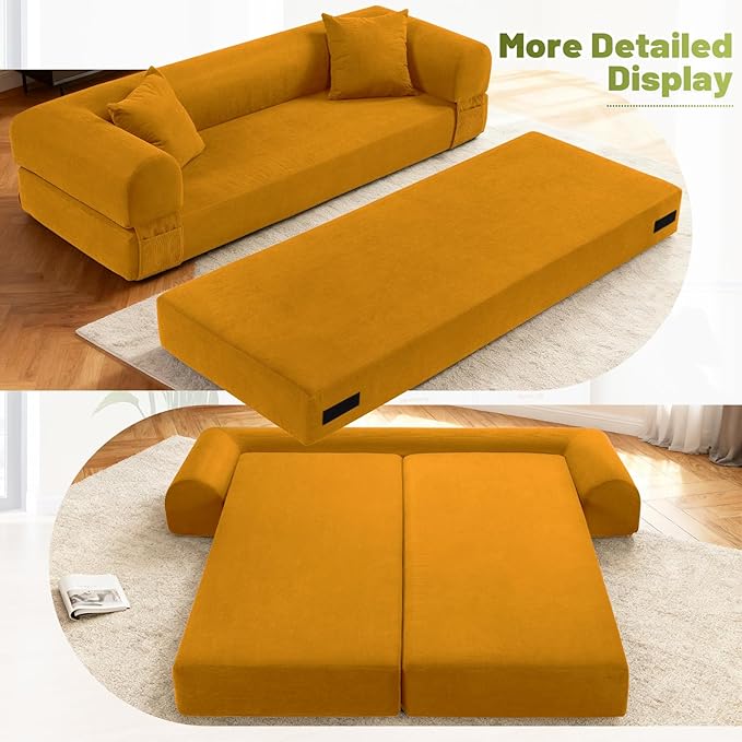 80" Convertible Sofa Bed,Folding Pull Out Couch with Pillows & Storage Pocket,Modular Corduroy Queen Sleeper Sofa in a Box,No Assembly Boneless Couch for Living Room,Yellow