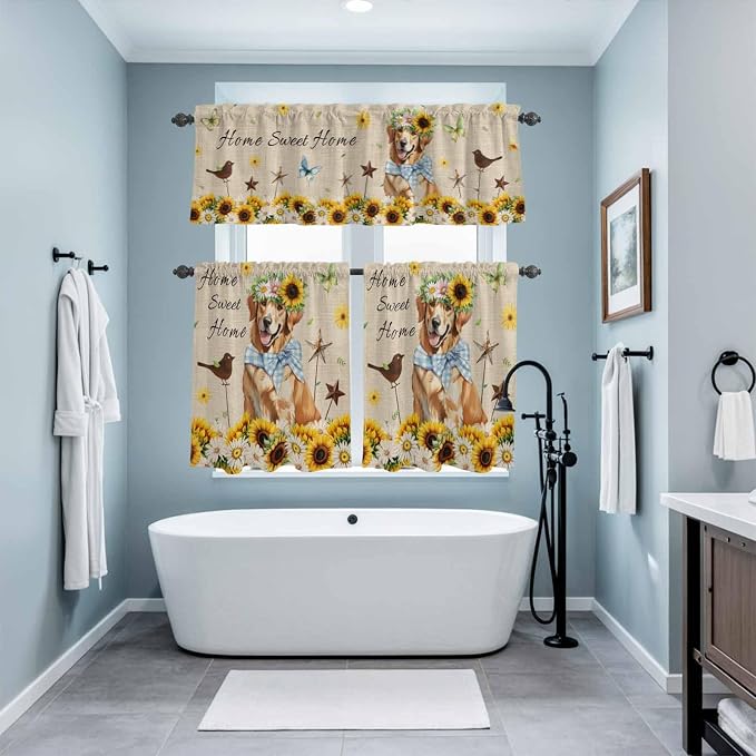 Kitchen Curtains Tiers and Valance Set of 3, Sunflowers Dog Light Filtering