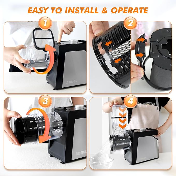 RISESOL 7 in 1 Electric Cheese Grater Ice Shaver with 7 Blades Stainless Steel Multifunctional Vegetable Shredder 250W BPA-Free 110V
