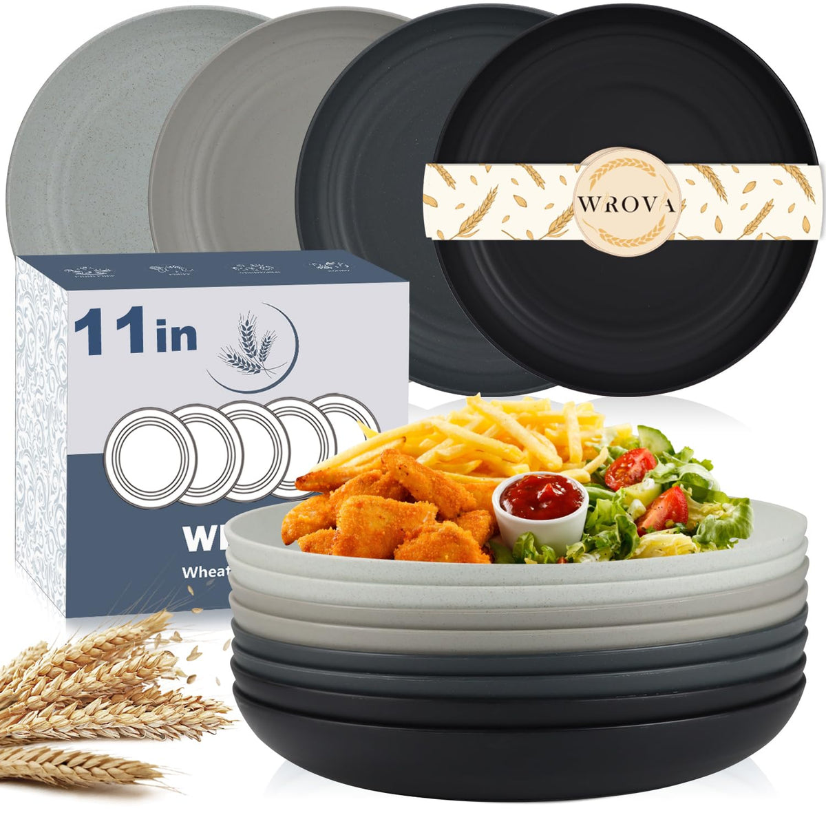 Wrova Wheat Straw Plates - 8 Inch Unbreakable Dinner Plates Set of 8 - Dishwasher & Microwave Safe Plastic Plates Reusable - Lightweight Plates for kitchen,R.V (pure black)