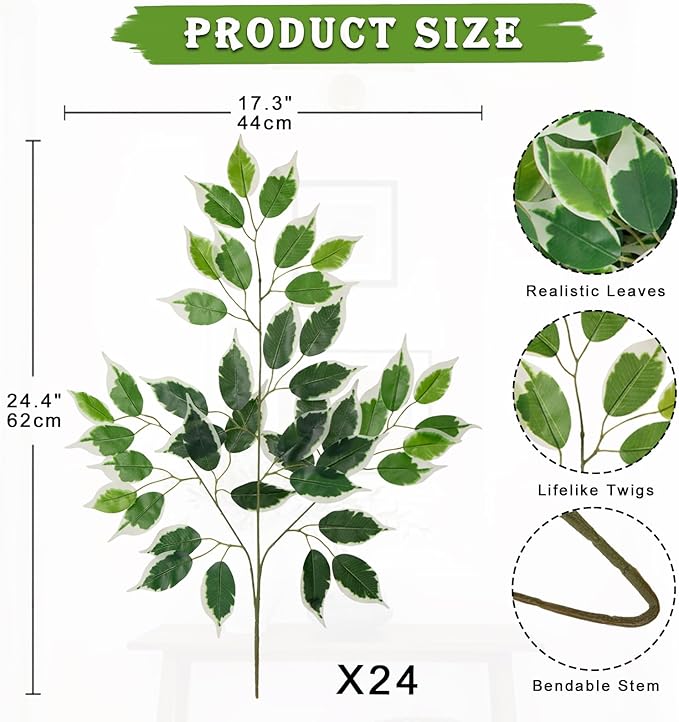 24PCS Ficus Leaves Artificial Branches - 24" Faux Ficus Greenery Tree Branches - Fake Leaves Sprays for DIY Arch Wedding Wall Decor - Green & White
