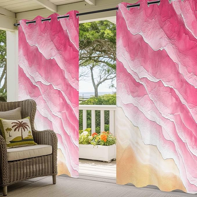 Ocean Outdoor Curtains for Patio Beach Waves Watercolor Abstract Gradient Pink