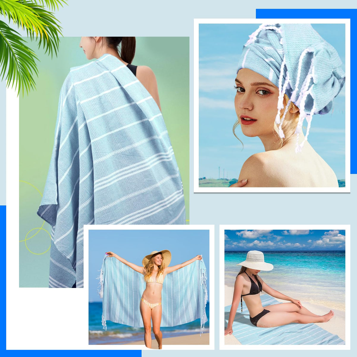 YSYJ Turkish Beach Towel 6 Pack Beach Towels 36"x71" Beach Towel Oversized Sand Free Turkish Towel Quick Dry Bath Towels Blue