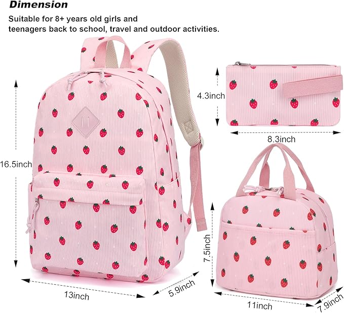 Corduroy Girls Backpack Set, 3PCS School Backpacks for Kids Elementary Middle School Bags with Lunch Box Pencil Case (Pink Corduroy Strawberry)