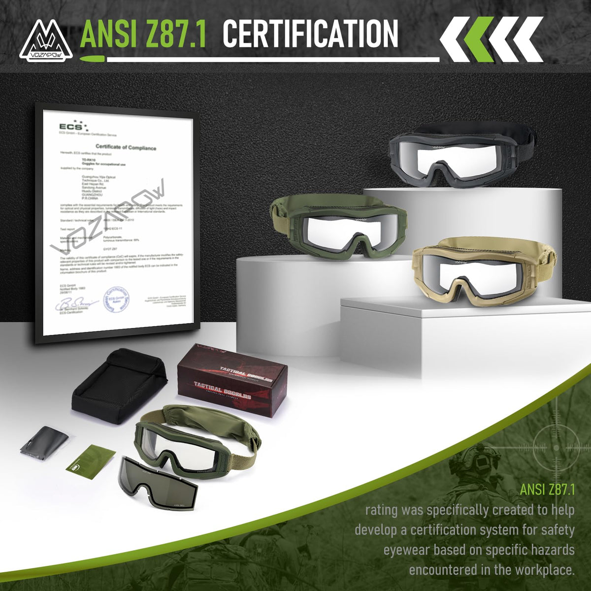 VOZAPOW Airsoft Goggles Anti Fog, Tactical Safety Goggles ANSI Z87+ Rating