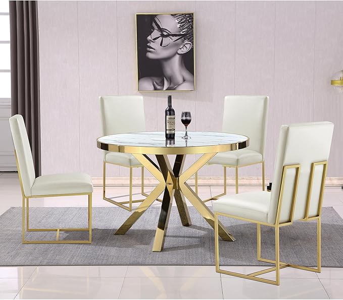 AUZ Dining Chairs Set of 4, White Faux Leather Mid Century Modern Chairs with Gold Stainless Steel Sled Legs