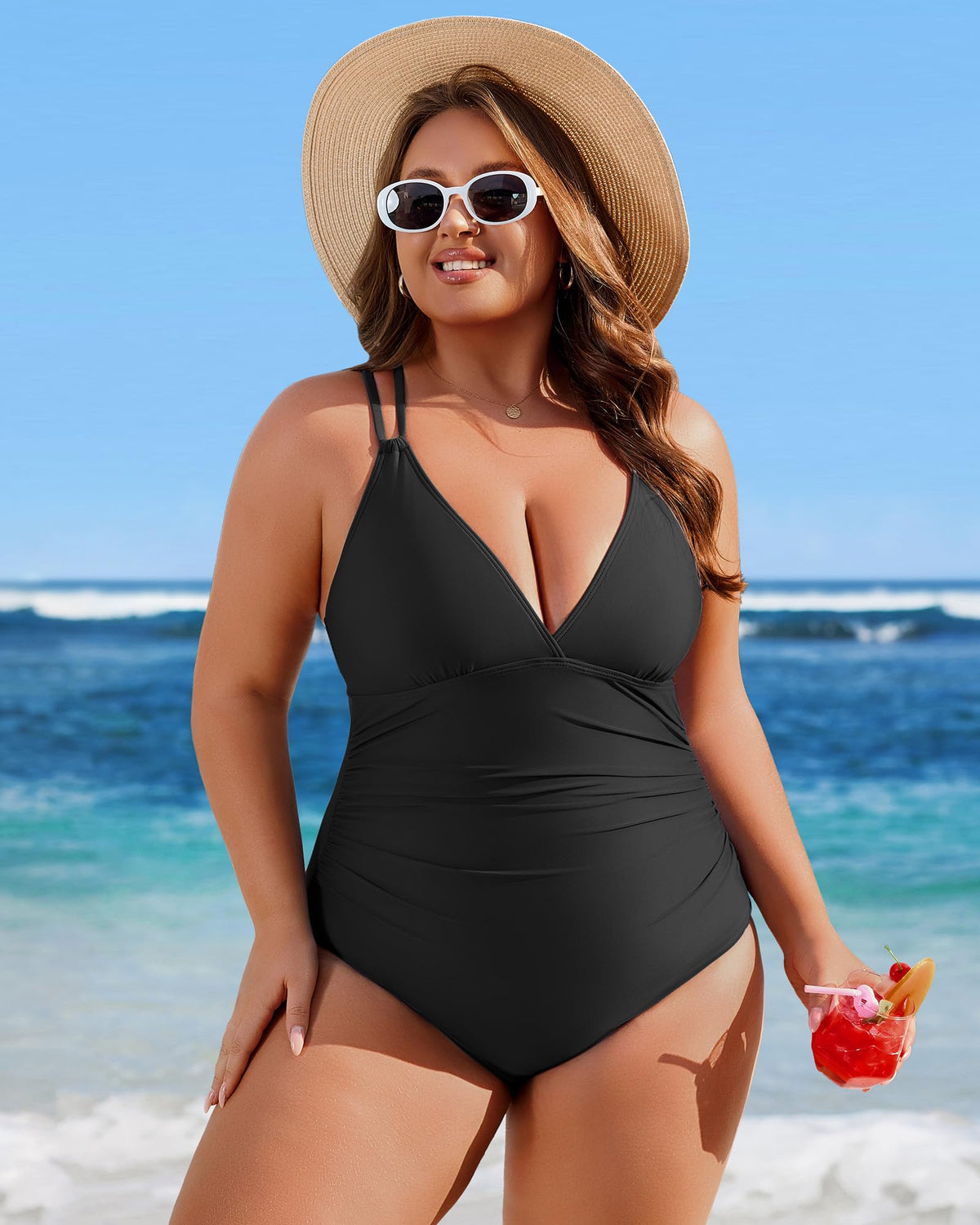 Charmo Tummy Control One Piece Swimsuits for Women Ruched Bathing Suits Criss Cross Strappy Monokini Black Large