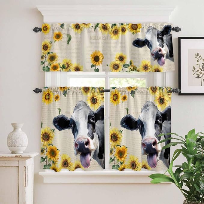 Kitchen Curtains Tiers and Valance Set of 3, Cow Sunflowers Light Filtering