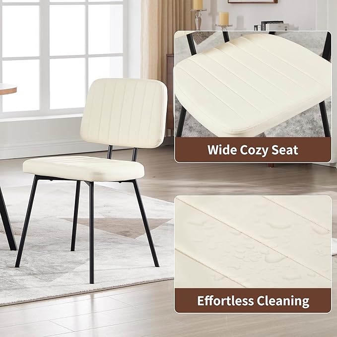 Dining Chairs Set of 2, Faux Leather Upholstered Dining Chairs, Mid Century Modern Kitchen Dining Room Accent Chairs with Curved Backrest and Steel Frame for Living Room, Vanity - White