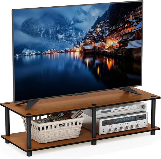 Furinno JUST TV Stand, 2-Tier Wide Entertainment Center with Open Shelf, No Tools TV Console for TV up to 46 Inch with Tubes, for Living Room, Bedroom, Light Cherry