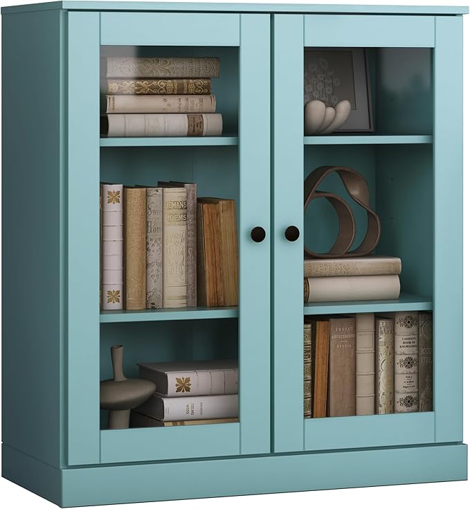 Palace Imports Solid Wood Bookcase - Floor Standing Bookshelf - 32” W - Display Furniture, Renewable 100% Eco-Friendly Wood, Made in Brazil (Aqua, Clear Glass Doors | 3-Shelf Short Bookcase)