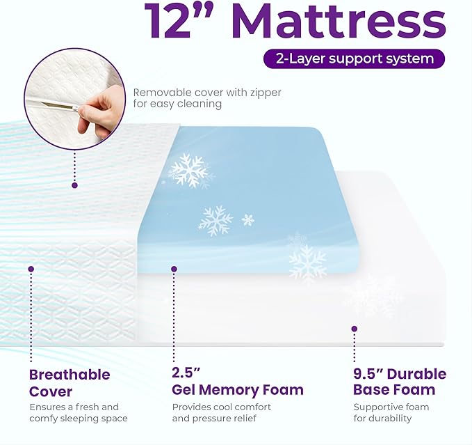 GAESTE 12 Inch Full Cooling Gel Memory Foam Mattress Medium Firm for Cool Sleep Pressure Relieving CertiPUR-US Certified Foam, Convenient Mattress in a Box Fiberglass Free (Full, 12 in)