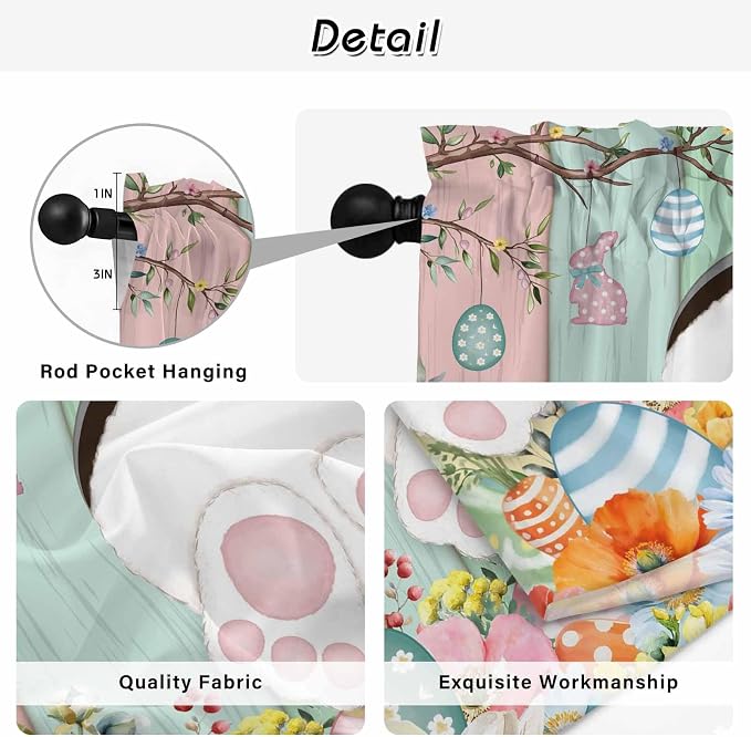 Easter Kitchen Curtains 45 Inch Long 2 Panel Set, Rod Pocket Window Treatment