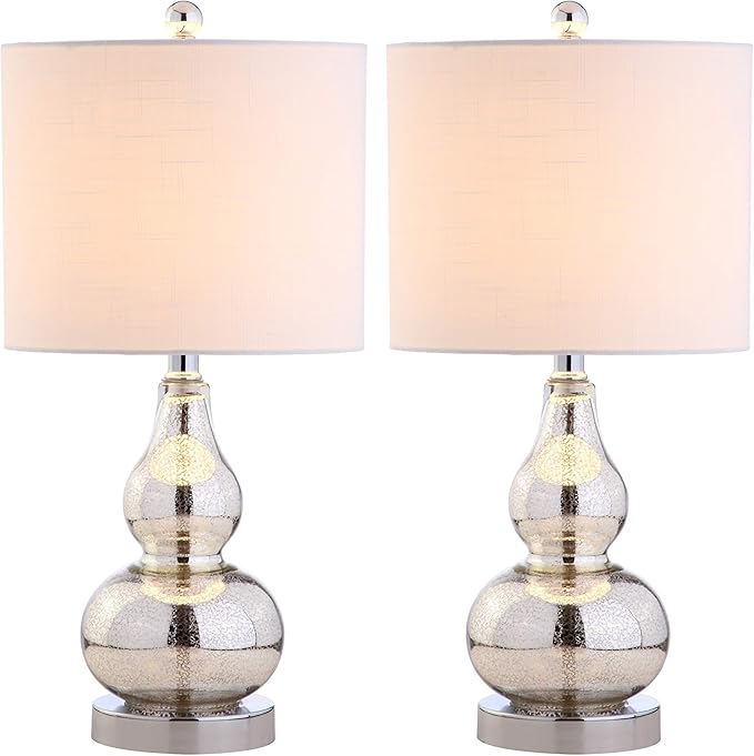 JONATHAN Y 20.5" Mercury Silver Glass Table Lamp, Modern Gourd Bedside Nightstand Lamp for Bedroom, Living Room, White Linen Shade, LED Bulb Included (JYL1028C-SET2)