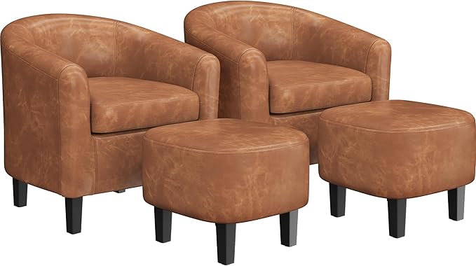 Yaheetech Accent Chair with Ottoman Foot Rest, PU Leather Mid Century Modern Upholstered Soft Barrel Chair Comfy Armchair and Footrest Set for Living Room/Bedroom/Reading Room, Brown, Set of 2