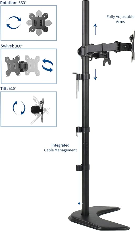 VIVO Dual 13 to 27 inch LED LCD Monitor Free-Standing Desk Stand, Holds 2 Screens, Heavy-Duty Fully Adjustable Arms with Max VESA 100x100mm, Extra Tall 40 inch Pole, Black, STAND-V012F