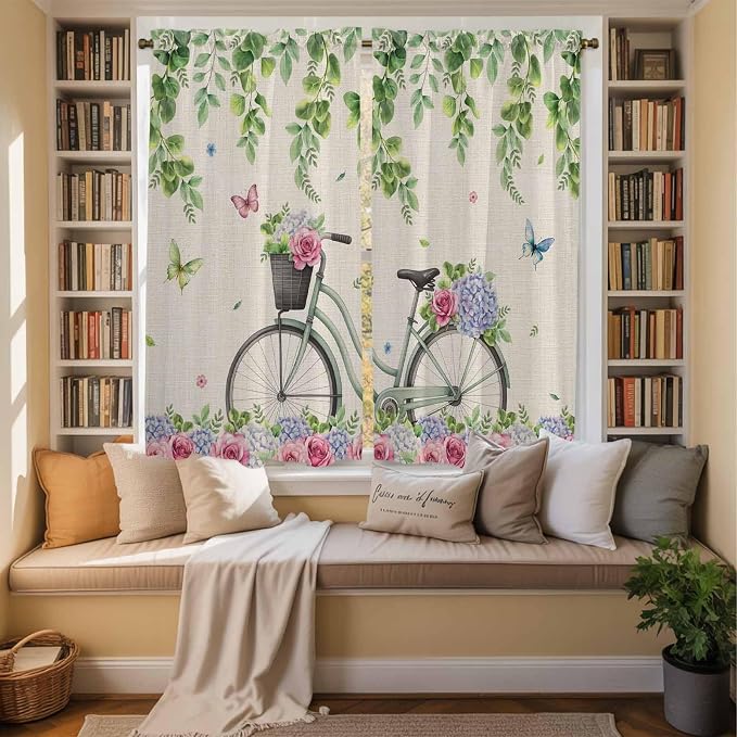 Farmhouse Spring Kitchen Curtains, Retro Bicycles Flowers Vines Butterfly Light