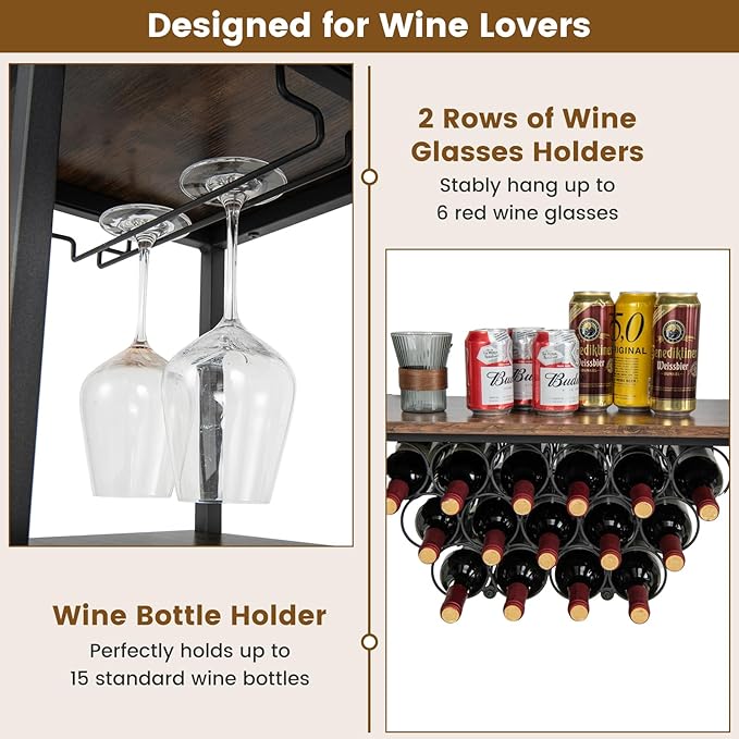 COSTWAY Wine Bar Cabinet, 3-Tier Home Mini Bar for Liquor w/Power Outlets, Glass Holder, Wine Rack, Anti-Tipping Kit, Metal Coffee Bar Table for Home Apartment Kitchen Living Room Pub (Brown)