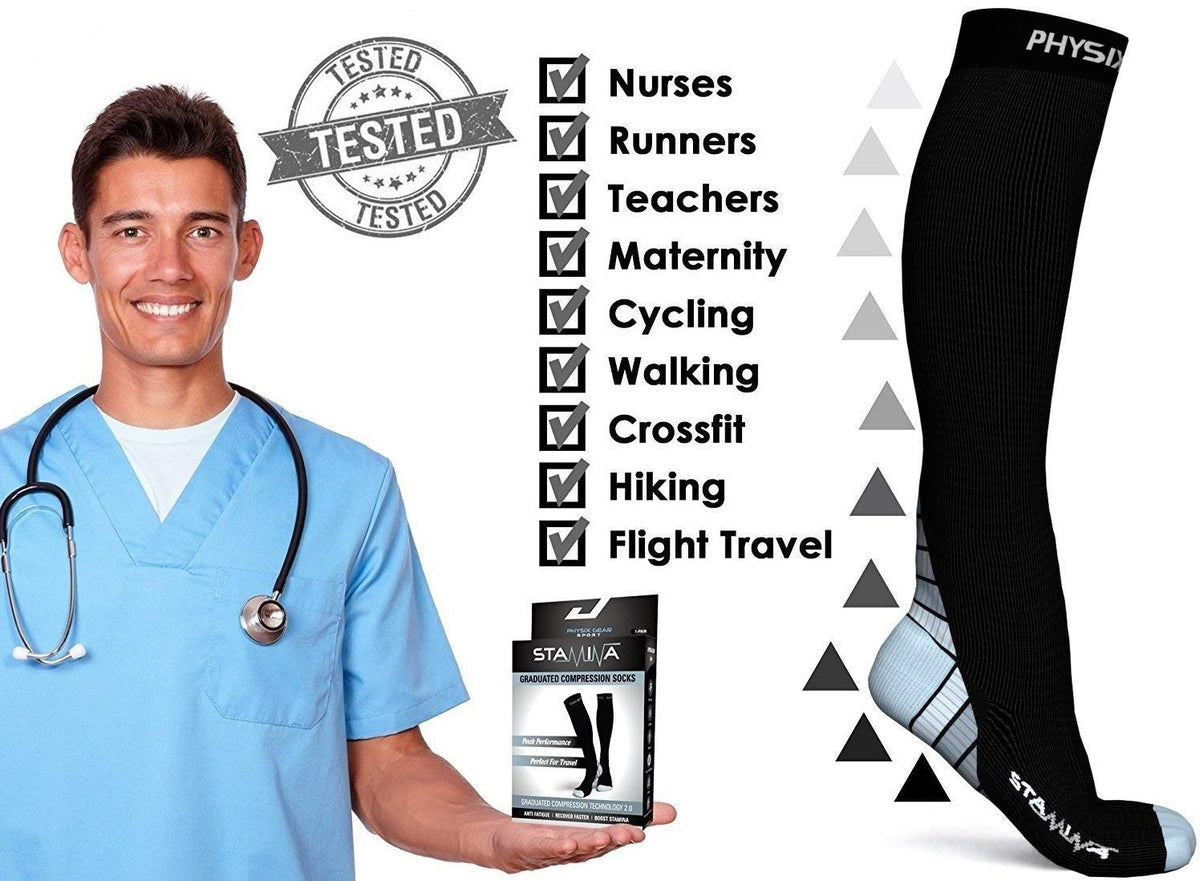 Physix Gear Compression Socks - Best Men & Womens Compression Socks for Circulation, Running, Nurses, Athletic Use Sock Compression, Blood Pressure Socks, Calcetines de Compresion, Black/Grey, XXL