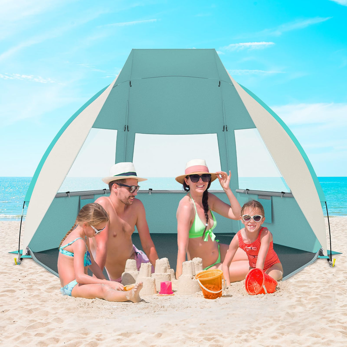 Gorich Portable Beach Tent for 3/4-5/6-7 Person with UPF 50+ UV Protection, Lightweight & Foldable Sun Shelter with 5 Sand Bags, Easy Setup Windproof Beach Umbrella Sun Shade