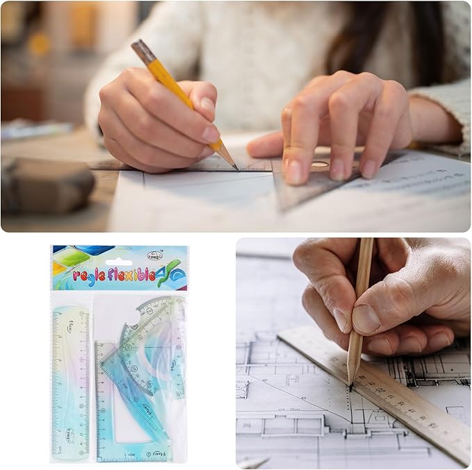 HARFINGTON 4pcs Triangular Ruler Set 20cm Plastic Flexible Straight Metric Soft Bendable Ruler Geometric Protractor Triangle Rulers for Home Office