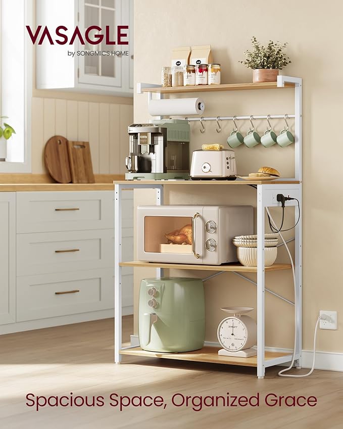 VASAGLE Kitchen Bakers Rack with Power Outlet, Coffee Bar 4-Tier with 8 S Hooks, Microwave Stand, Adjustable Shelf, 15.7 x 31.5 x 55.1 Inches, Golden Oak and Cloud White UKKS029YA01