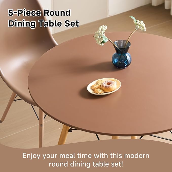 35.5'' 5 Piece Round Dining Table Set for 4, Mid-Century Modern Table with Chairs, Space Saving, Plastic Seats, Wood Legs, Circle Dinner Table for Kitchen, Home, Apartment, Brown