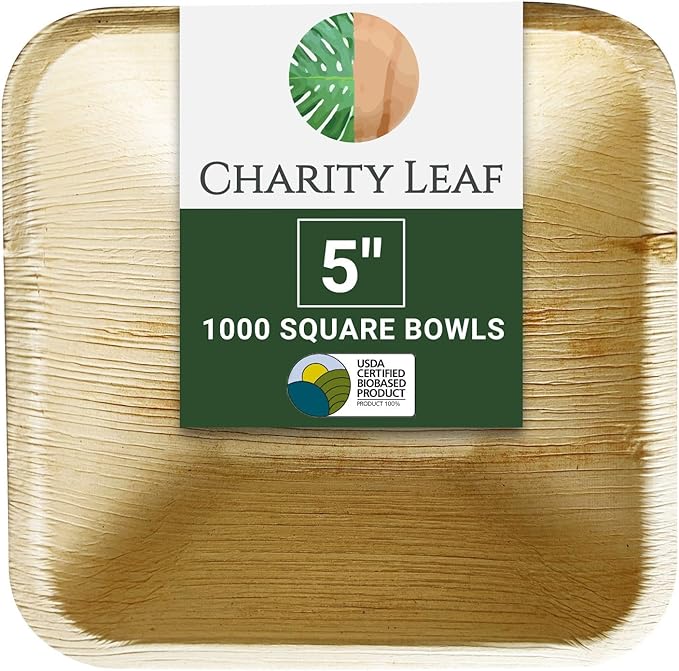 Charity Leaf Disposable Palm Leaf 5" Square Bowl (1000 pcs) Dipping Bowls | Bamboo Like| All Natural and Biodegradable | Charcuterie Boards, BBQs, and Parties