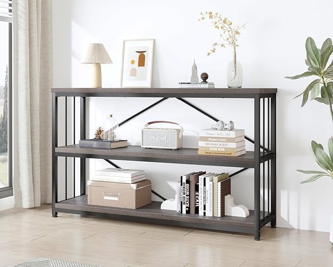 IBF Short Wide Horizontal Bookshelf, Industrial office Low 3 Tier Book shelf, Rustic Wide Vintage open Bookcase with Storage, Modern Grey Etagere for Home Office Living Room Bedroom, Gray Oak, 47 Inch