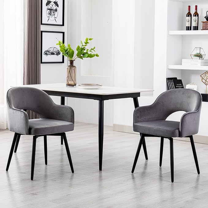DUOMAY Swivel Dining Chair Set of 2, Velvet Upholstered Side Chair Modern Accent Guest Chair Home Office Desk Chair with No Wheels for Dining Room Living Room Office, Grey