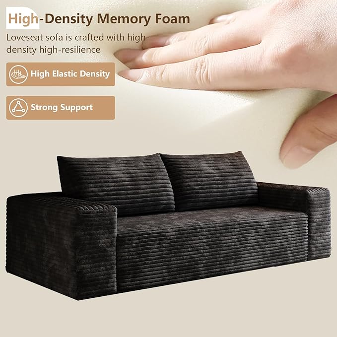 Cloud Loveseat Sofa, Modern Corduroy 2-Seater Couch with Deep Seat, No Assembly Required Memory Foam Sofa, Boneless Sofa in a Box for Bedroom, Apartment, Office,Small Space (Black,63in)