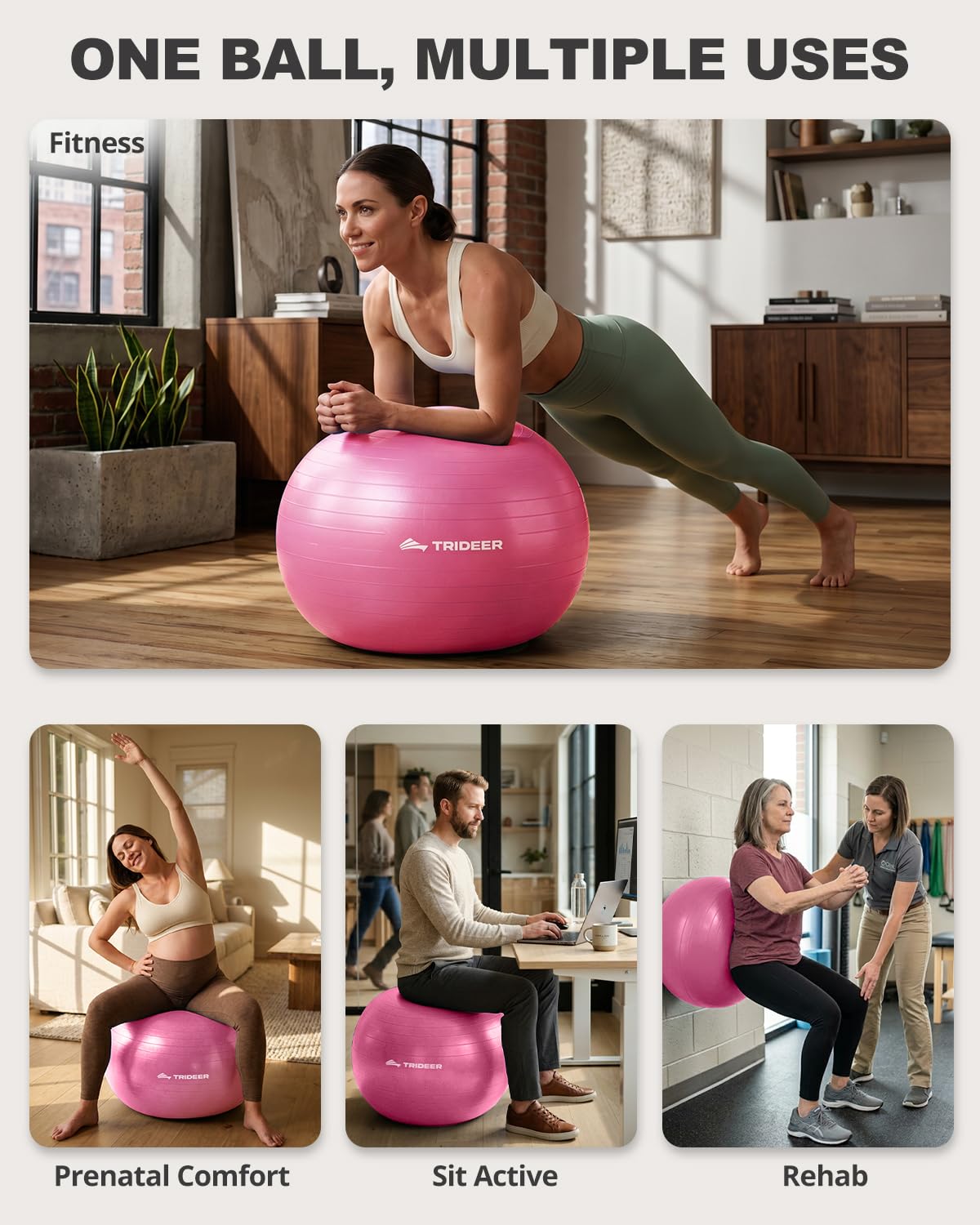 Trideer Yoga Ball for Exercise, Pregnancy & Birthing, 5 Sizes Exercise Ball for Physical Therapy, Stability, Fitness, Quick Pump Included