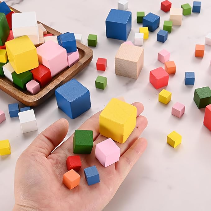 50-Pack DIY Wooden Cube, 0.6 Inch(1.5 Cm) Colored Natural Wood Blocks for Crafts Making Puzzle Games/Wedding/Home Decor/Dice/Building, Square Blank Block [Blue]