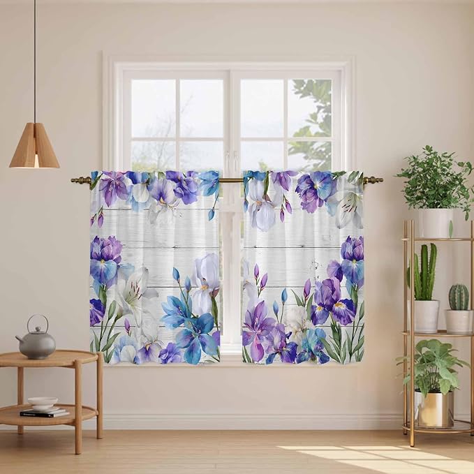 Spring Flowers Tier Curtains, Watercolor Garden Florals Wooden Grain Light