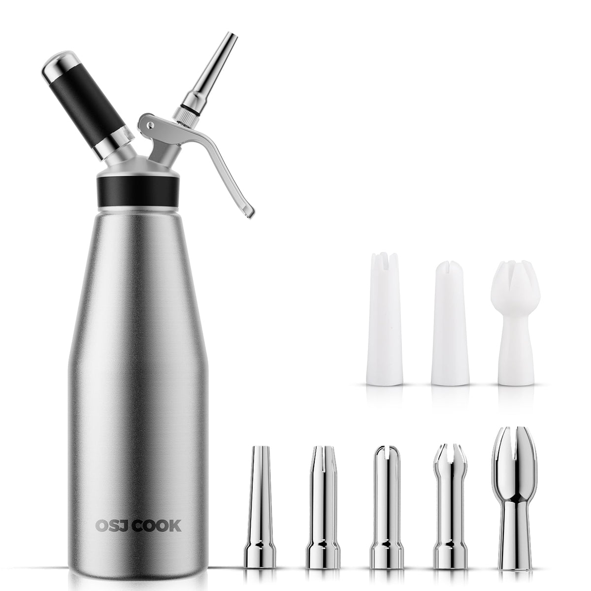 OSJCOOK Whipped Cream Dispenser Stainless Steel Cream Whipper Mirror Finish,500 mL/1 Pint Professional Cream Maker,5 Various Stainless Decorating Nozzles,1 Cleaning Brush,N2O Chargers NOT included