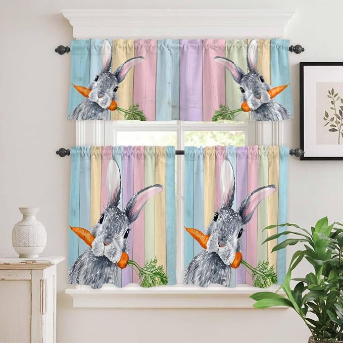 Easter Kitchen Curtain Set, Spring Grey Rabbit Carrots Colorful Wooden Plank