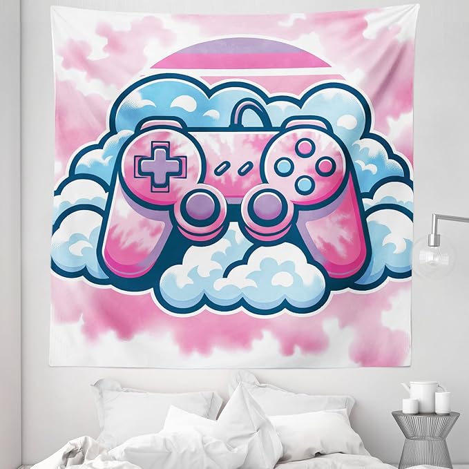 Ambesonne Pink Tapestry Queen Size, Girly Gamer Concept Design with a Controller and Clouds on a Soft Tie Dye Sky, Wall Hanging Bedspread Bed Cover Wall Decor, 88" X 88", Purple Pale Blue