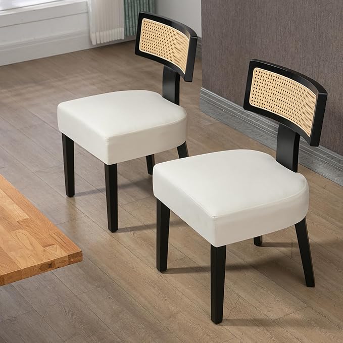 Rattan Dining Chairs Set of 4, Mid-Century Modern Fabric Upholstered Dining Room Chairs with Black Hardwood Frame, Curved Backrest Kitchen Chair Armless Accent Chairs for Dining Room (Cream)