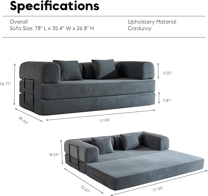 Comfy Convertible Folding Mattress Couch, Floor Sofa Bed with Fixed-Shape Frame, Corduroy Floor Sofa with Armrest, Floor Sofa Lounge Couch for Living Room Bedroom Lounge Studio,Grey