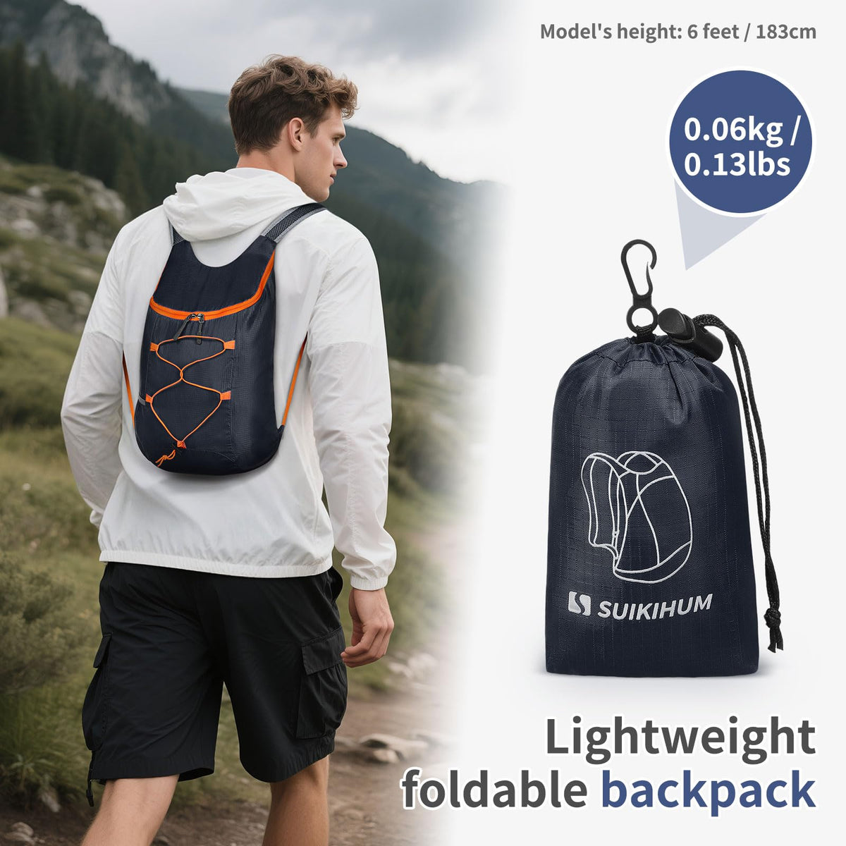SUIKIHUM 20L Hiking-Daypack Lightweight Foldable Travel Packable Backpack for Camping Cycling Outdoor, Navy Blue