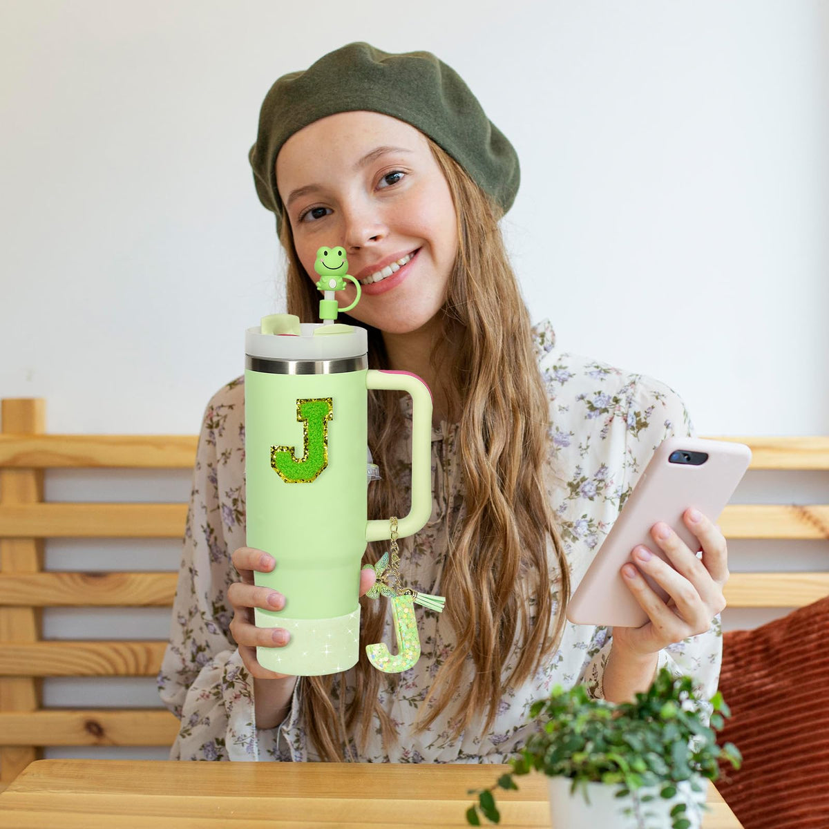 Liangang 8PCS Green Cup Accessories Set For Stanley 30oz 40oz,Including Boot,Spill Proof Stopper,2PCS Stanley Straw Cover and 2PCS Sticker Letter (Letter J)