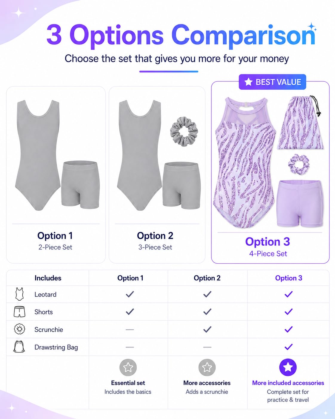 Tstiti Gymnastics Leotards for Girls Clasp Back 4-Piece
