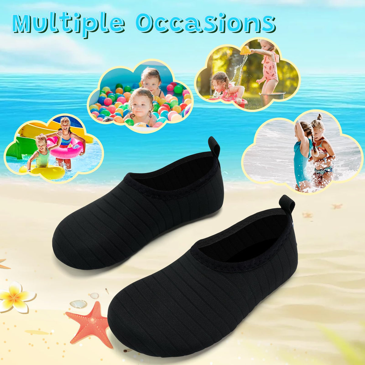 VIFUUR Kids Water Shoes Girls Boys Quick Dry Aqua Socks for Beach Swim Outdoor Sports M Black-30/31