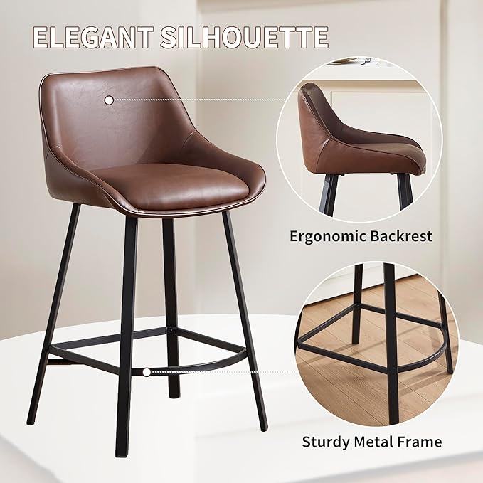 26" Modern Bar Stools Set of 2, Faux Leather Upholstered Bar Stools, Counter Height Bar Chairs with Back for Kitchen, Dining Room, Cafe, Bar - Coffee