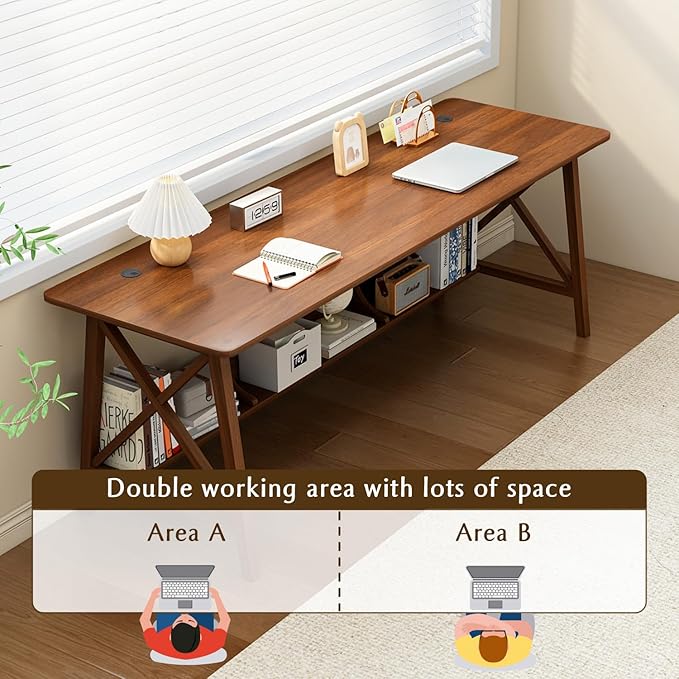 Extra Long Desk with Bookshelf - Wooden Home Office Work Study Table, 2-Person Writing Computer Workstation with Storage Shelf in Walnut, 63" Wx20 Dx30 H